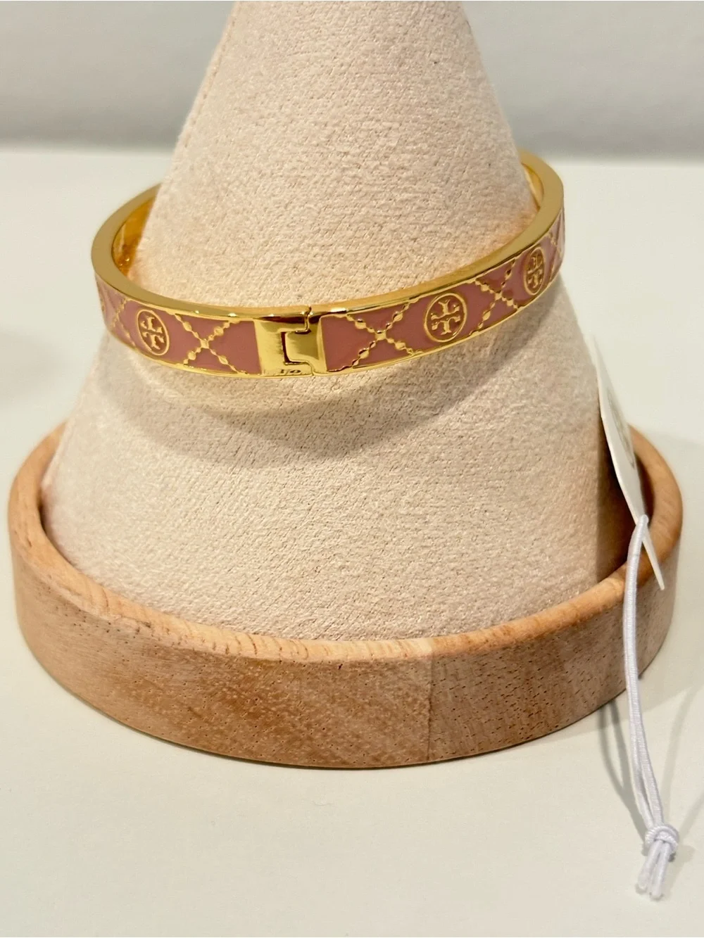Tory Burch Pink Enamel Gold-Tone Logo Bangle Bracelet